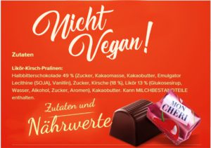 Mon Cheri NICHT vegan Pralinen enthält Bestandteile tierischer Herkunft Inhaltsstoffe